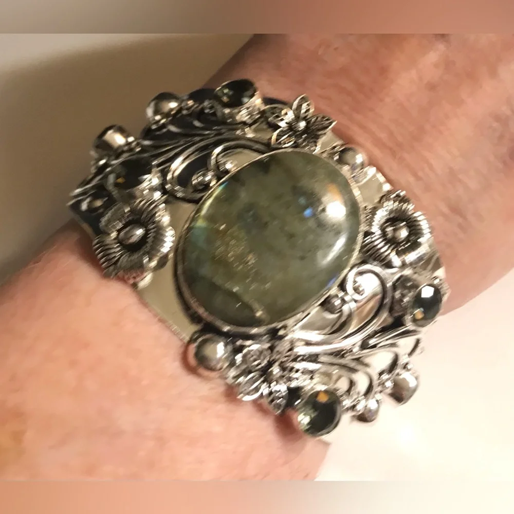 Labradorite Peridot Stamped Solid 925 Sterling Silver Cuff Bracelet